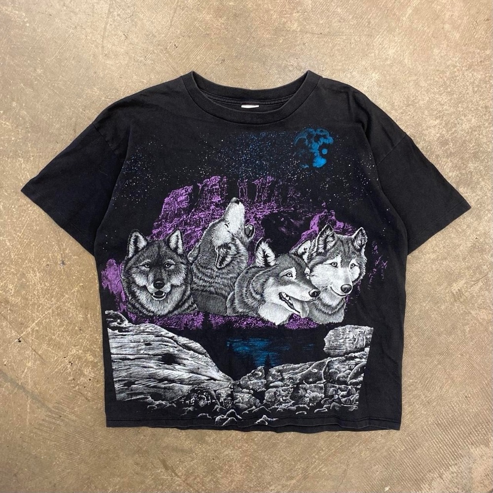 Vintage Wolves AOP Nature Single Stitch Wildlife 90s Double Sided Shirt Size XL